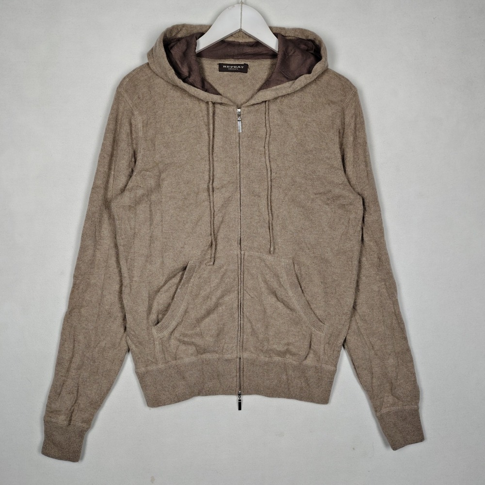 Repeat Cashmere Zip Front Hoodie Tan Sweater Elbow Patches 1423